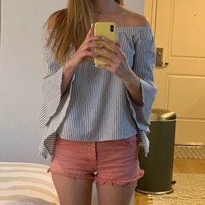Off shoulder blue denim stripe ruffle sleeve Top
